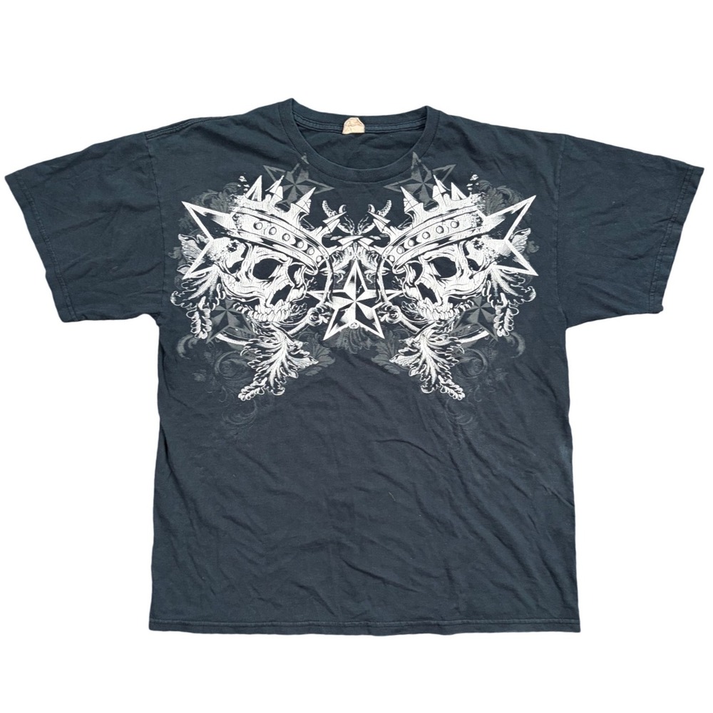 Goth Grunge Gildan Heavy Cotton Men Black Skull Graphic T-Shirt Y2K Streetwear L